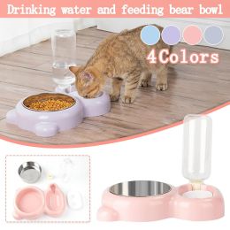 Pet Cat Bowl Stainless Steel Multifunctional Dog Cat Bowl With Water Bottle Drinking Water Feeding Bear Bowl gatos - Blue