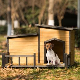 47.2 ' Large Wooden Dog House Outdoor, Outdoor & Indoor Dog Crate, Cabin Style, With Porch - Brown