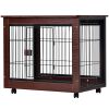 31' Length Furniture Style Pet Dog Crate Cage End Table with Wooden Structure and Iron Wire and Lockable Caters, Medium Dog House Indoor Use. - Brown